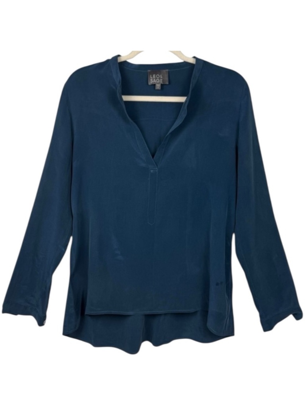 Leo & Sage Silk Dark Teal Relaxed Fit Long Sleeve Blouse Small